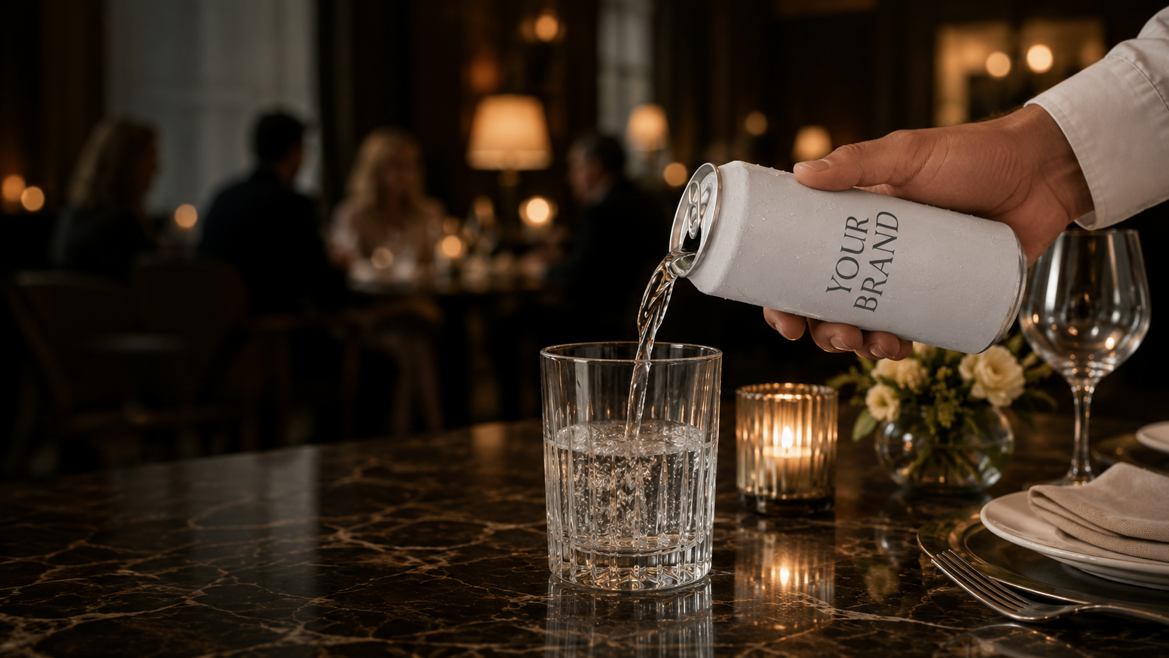 Premium white label can being poured in luxury restaurant setting