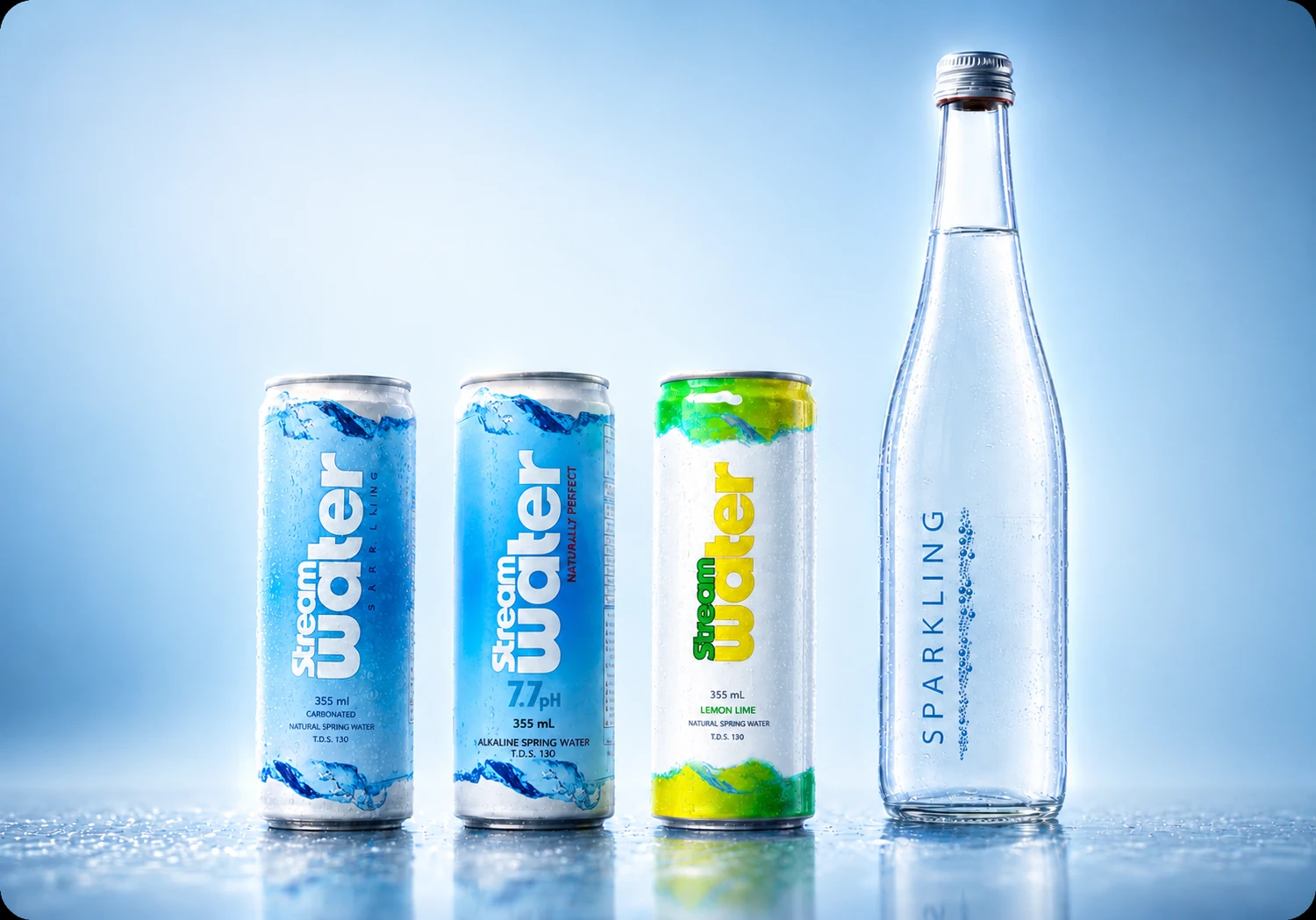 Stream Water aluminum cans and clear 750 ml sparkling glass bottle in a premium product lineup