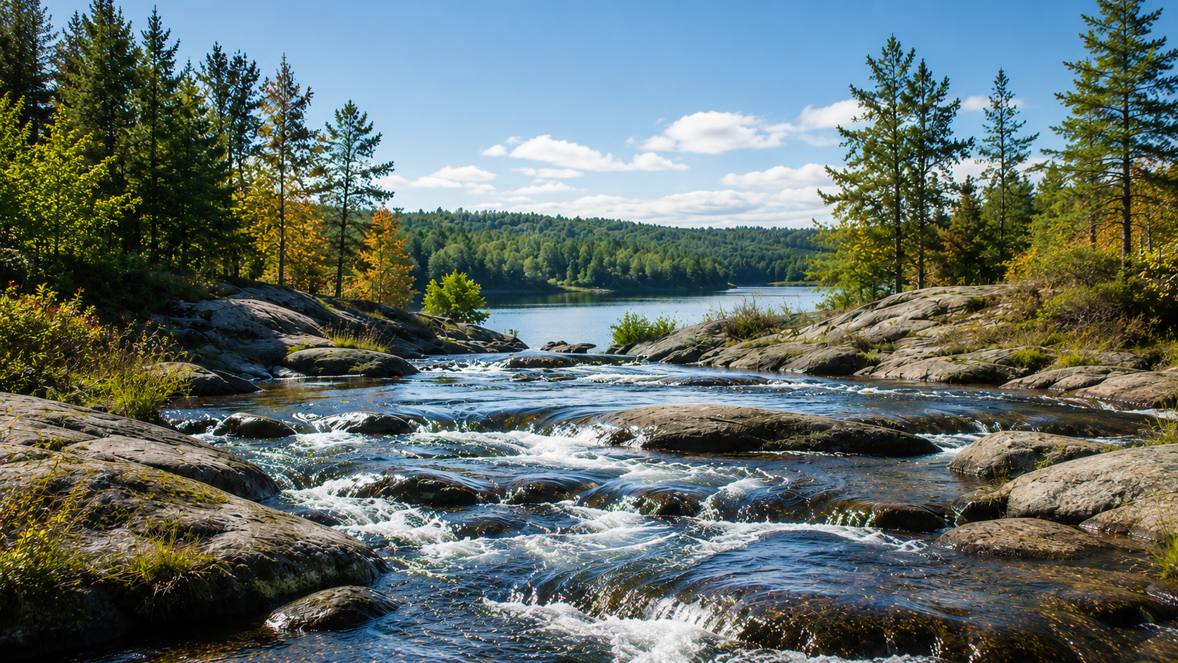 Clear spring water moving over rocks toward a forested highland lake